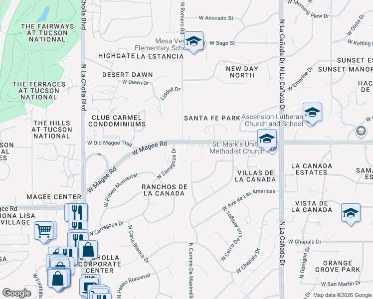 map of restaurants, bars, coffee shops, grocery stores, and more near 8021 North Pelado Place in Tucson