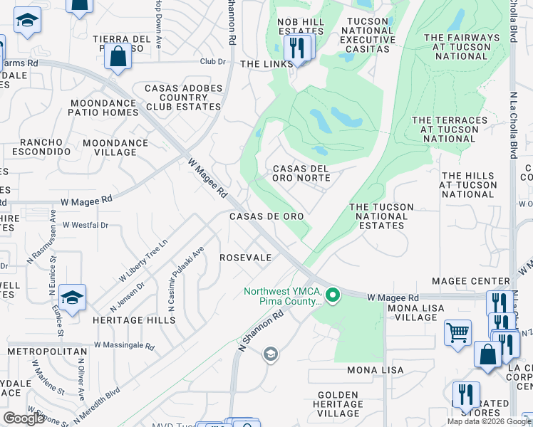map of restaurants, bars, coffee shops, grocery stores, and more near 2735 West Casas Circle in Tucson