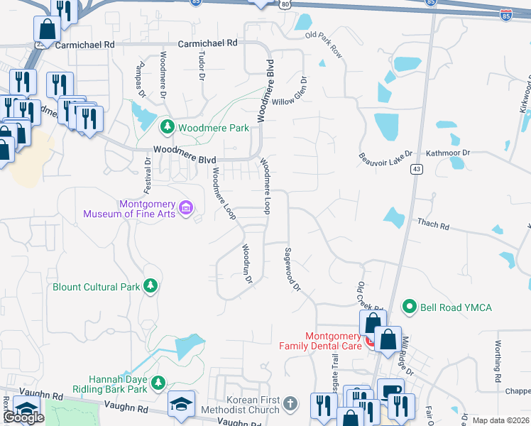 map of restaurants, bars, coffee shops, grocery stores, and more near 6028 Bolingbrook Drive in Montgomery