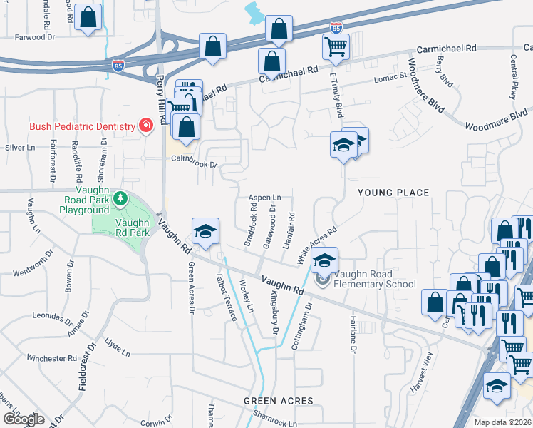 map of restaurants, bars, coffee shops, grocery stores, and more near 4134 Aspen Lane in Montgomery