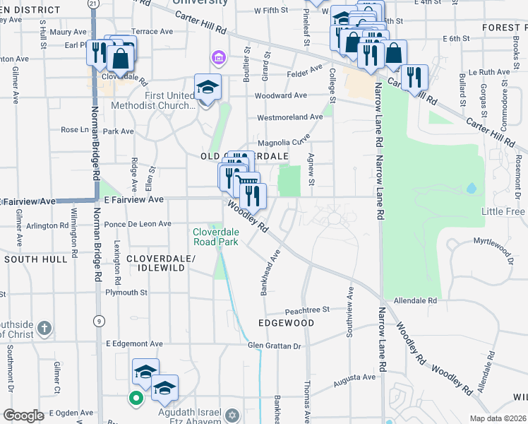 map of restaurants, bars, coffee shops, grocery stores, and more near 1140 E Fairview Ave in Montgomery