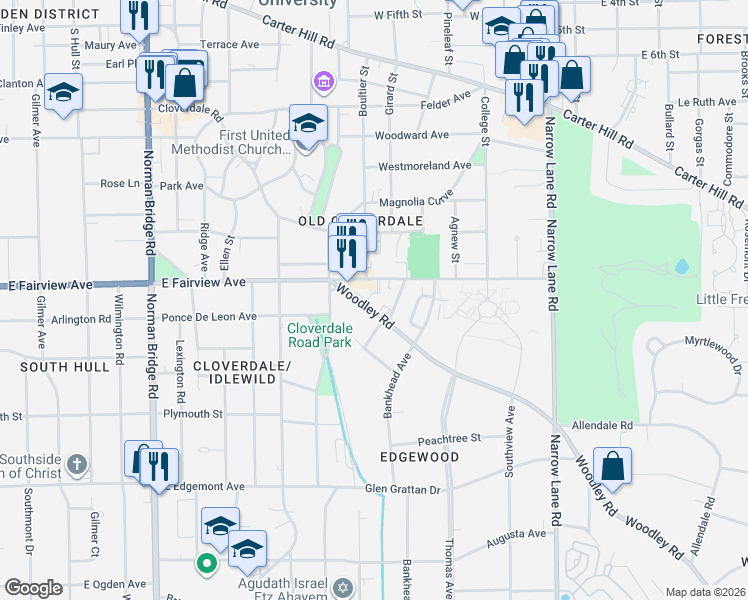 map of restaurants, bars, coffee shops, grocery stores, and more near 1046 East Fairview Avenue in Montgomery