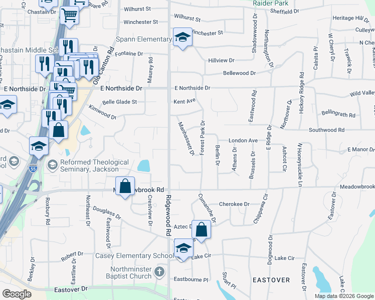 map of restaurants, bars, coffee shops, grocery stores, and more near 4352 Ridgewood Circle in Jackson