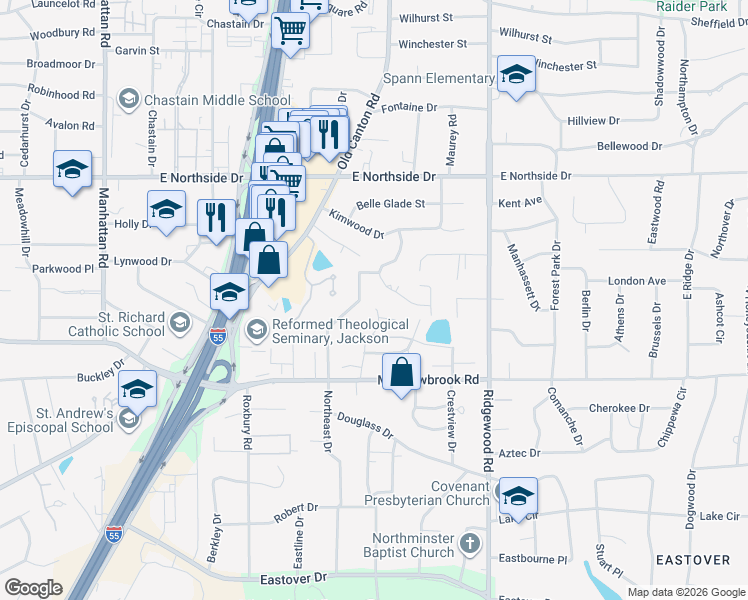 map of restaurants, bars, coffee shops, grocery stores, and more near 11 Highland Meadows Drive in Jackson