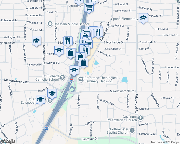 map of restaurants, bars, coffee shops, grocery stores, and more near 52-98 Eastparke Dr in Jackson