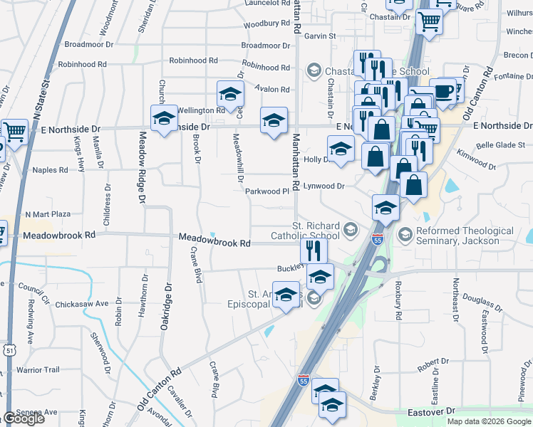 map of restaurants, bars, coffee shops, grocery stores, and more near 1000 Whitsett Walk in Jackson