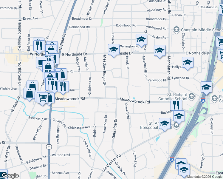 map of restaurants, bars, coffee shops, grocery stores, and more near 4364 Henderson Circle in Jackson