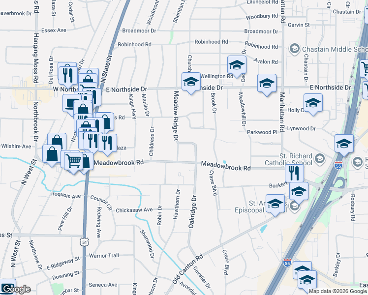 map of restaurants, bars, coffee shops, grocery stores, and more near 4364 Henderson Circle in Jackson