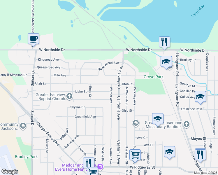 map of restaurants, bars, coffee shops, grocery stores, and more near 2212 Utah Street in Jackson