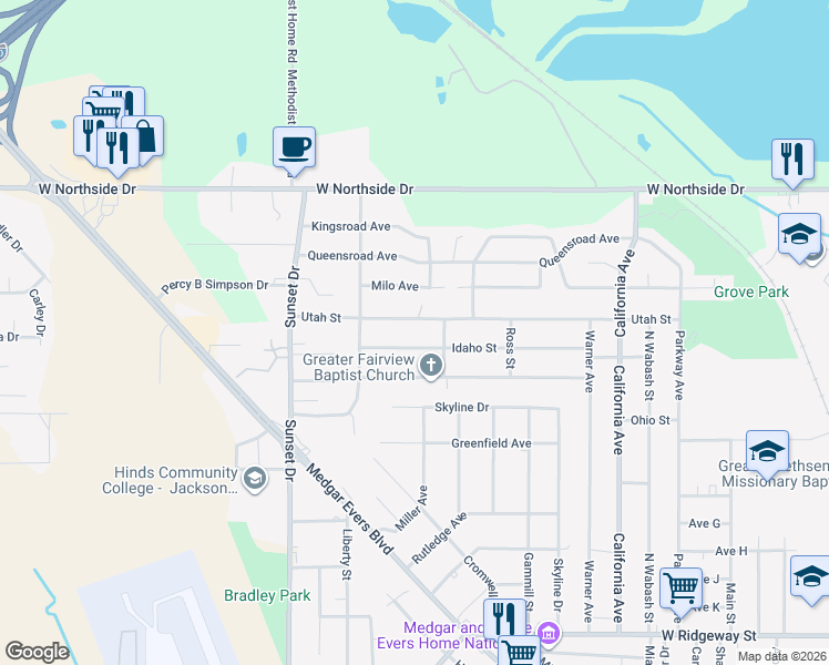 map of restaurants, bars, coffee shops, grocery stores, and more near 2618 Utah Street in Jackson