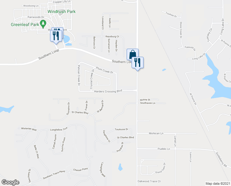 map of restaurants, bars, coffee shops, grocery stores, and more near 249 Harder's Crossing Boulevard in Shreveport