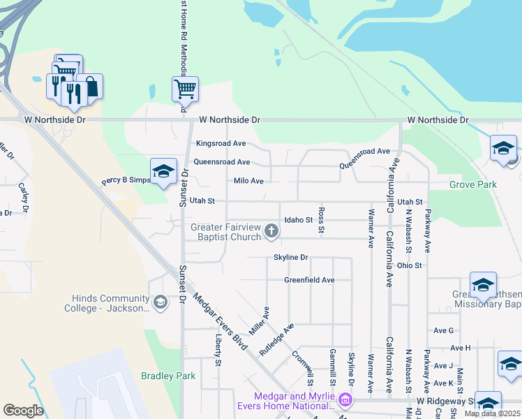 map of restaurants, bars, coffee shops, grocery stores, and more near 2623 Utah Street in Jackson