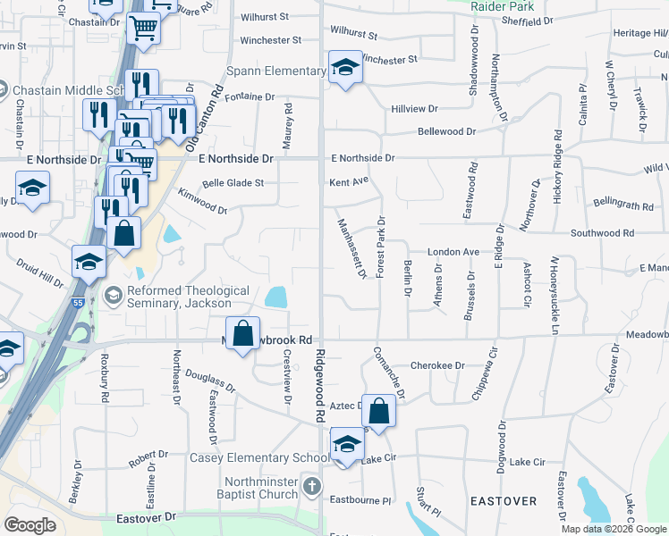 map of restaurants, bars, coffee shops, grocery stores, and more near 4352 Ridgewood Circle in Jackson
