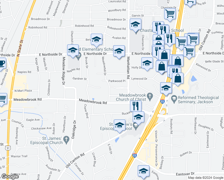 map of restaurants, bars, coffee shops, grocery stores, and more near 4418 Meadowhill Drive in Jackson
