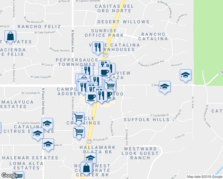 map of restaurants, bars, coffee shops, grocery stores, and more near 7974 North Oracle Road in Tucson