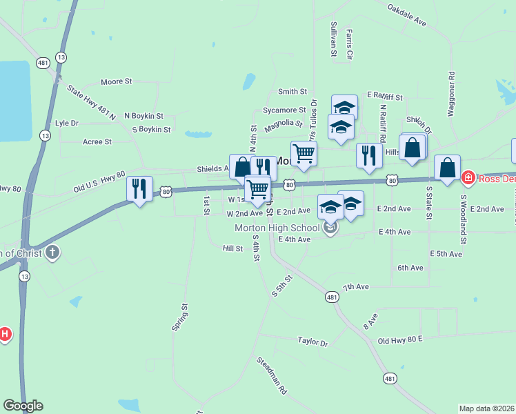 map of restaurants, bars, coffee shops, grocery stores, and more near 157 West 1st Avenue in Morton