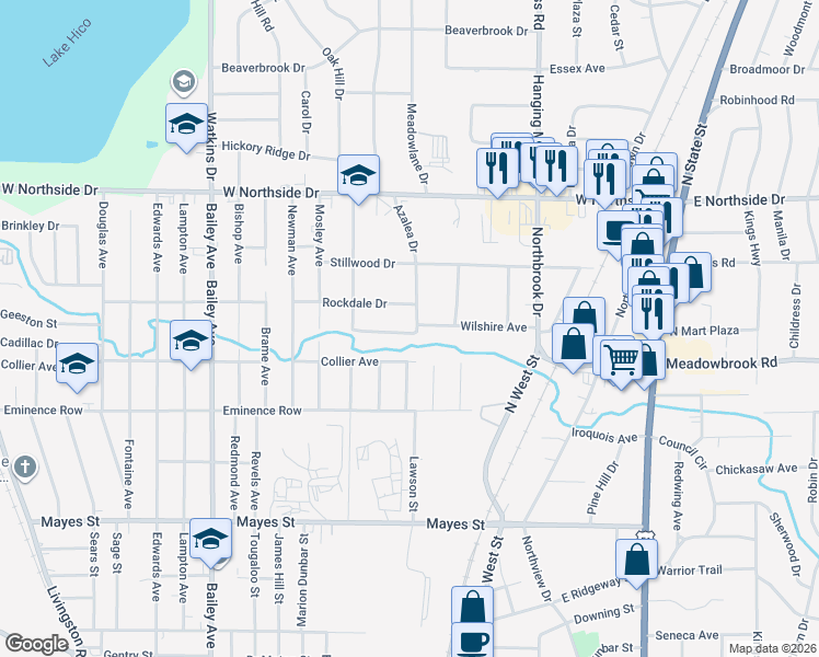 map of restaurants, bars, coffee shops, grocery stores, and more near 3720 Azalea Drive in Jackson