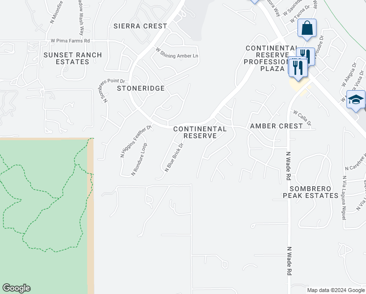 map of restaurants, bars, coffee shops, grocery stores, and more near 7962 North Blue Brick Drive in Tucson