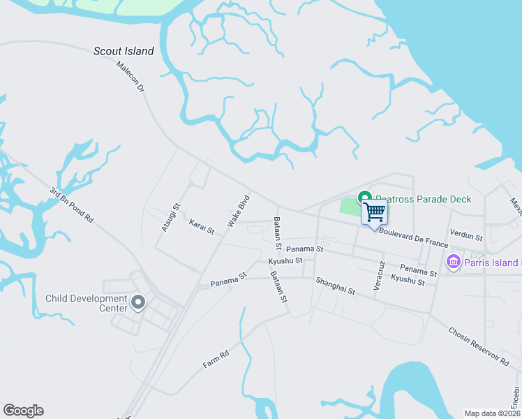 map of restaurants, bars, coffee shops, grocery stores, and more near 283 Blvd De France in Parris Island