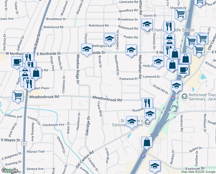 map of restaurants, bars, coffee shops, grocery stores, and more near 4370 Brook Drive in Jackson