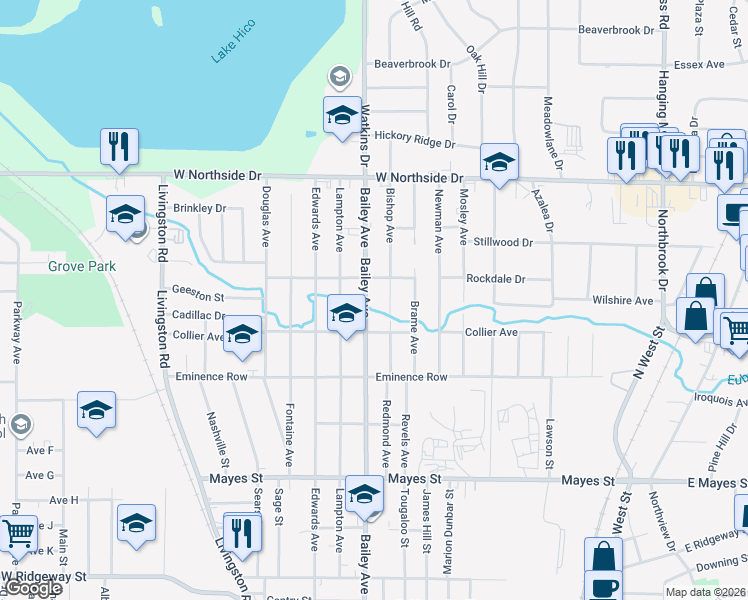 map of restaurants, bars, coffee shops, grocery stores, and more near 805 Rockdale Drive in Jackson