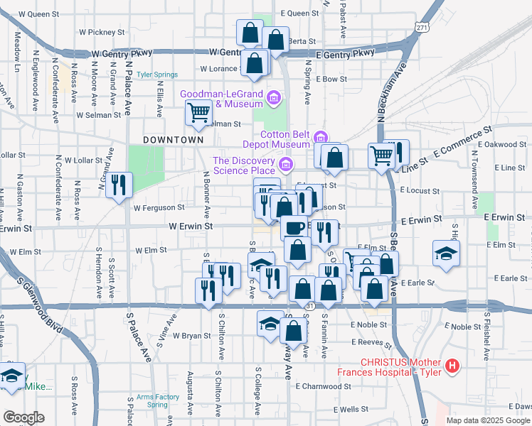 map of restaurants, bars, coffee shops, grocery stores, and more near 211 West Ferguson Street in Tyler