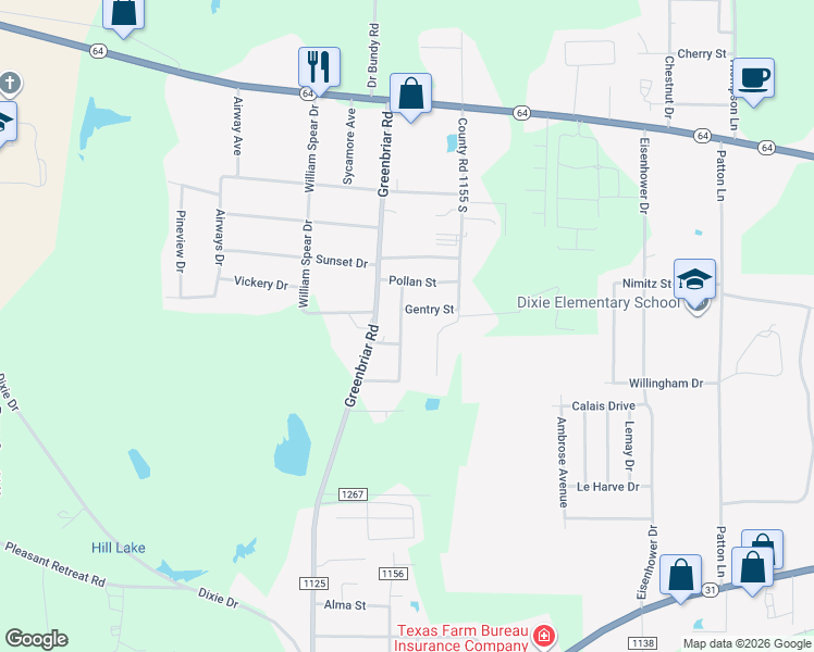 map of restaurants, bars, coffee shops, grocery stores, and more near 12498 Gentry Street in Tyler