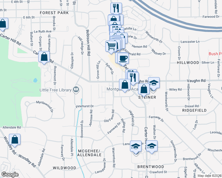 map of restaurants, bars, coffee shops, grocery stores, and more near 2914 Jamestown Drive in Montgomery