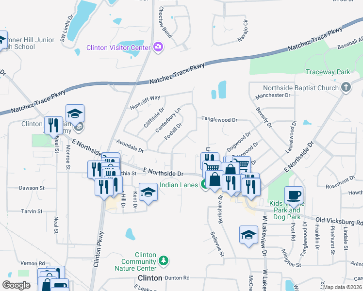 map of restaurants, bars, coffee shops, grocery stores, and more near 1207 Huntcliff Way in Clinton