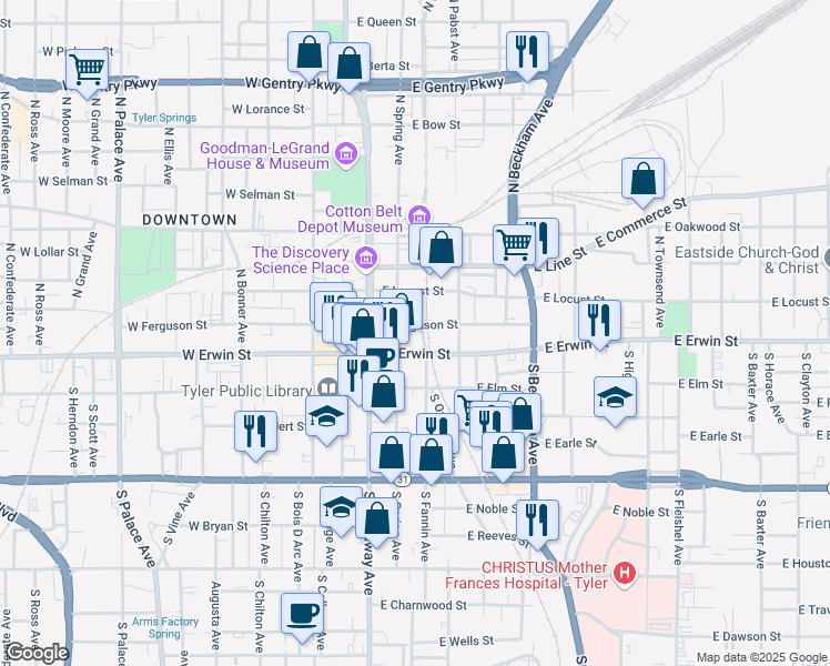 map of restaurants, bars, coffee shops, grocery stores, and more near 215 East Ferguson Street in Tyler