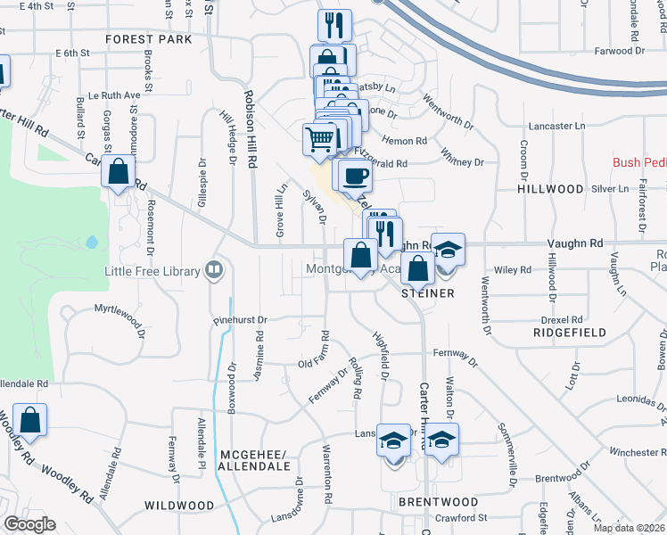 map of restaurants, bars, coffee shops, grocery stores, and more near 2939 Old Farm Road in Montgomery