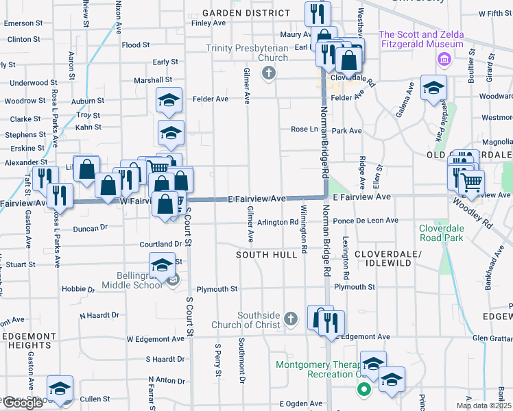 map of restaurants, bars, coffee shops, grocery stores, and more near 210 East Fairview Avenue in Montgomery