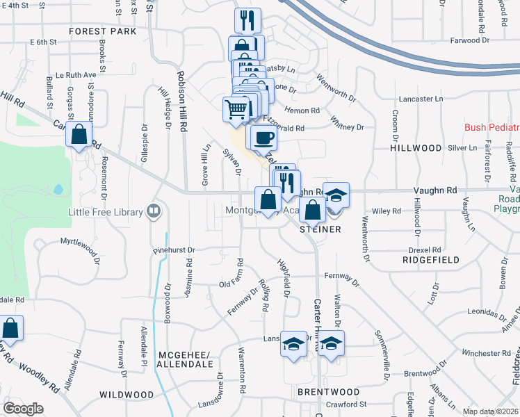 map of restaurants, bars, coffee shops, grocery stores, and more near 2914 Carter Hill Road in Montgomery