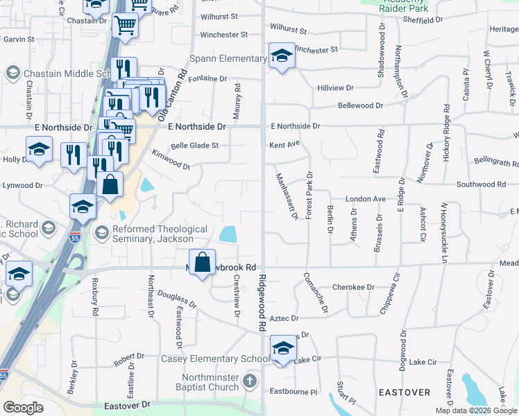 map of restaurants, bars, coffee shops, grocery stores, and more near 4375 Ridgewood Road in Jackson