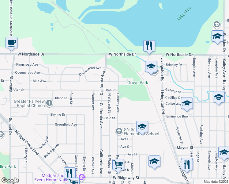 map of restaurants, bars, coffee shops, grocery stores, and more near 1932 Utah Street in Jackson