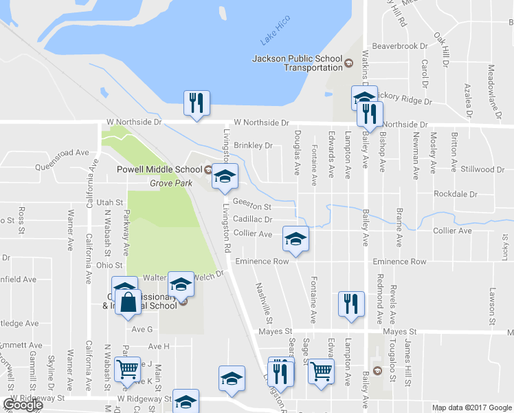 map of restaurants, bars, coffee shops, grocery stores, and more near 1420 Geeston Street in Jackson