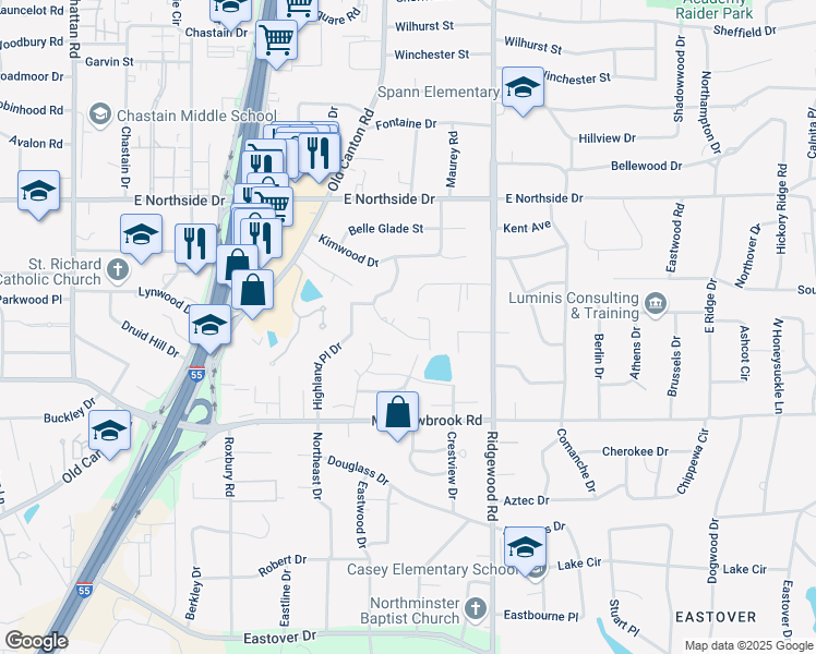 map of restaurants, bars, coffee shops, grocery stores, and more near 16 Sugarlimb Circle in Jackson