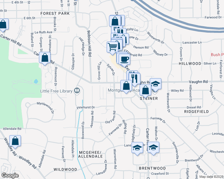 map of restaurants, bars, coffee shops, grocery stores, and more near 2948 Old Farm Road in Montgomery