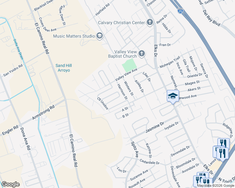 map of restaurants, bars, coffee shops, grocery stores, and more near 4105 Harrison Street in Las Cruces