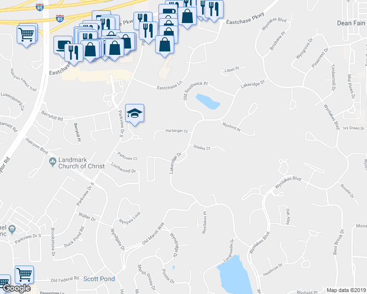 map of restaurants, bars, coffee shops, grocery stores, and more near 7712 Lakeridge Drive in Montgomery