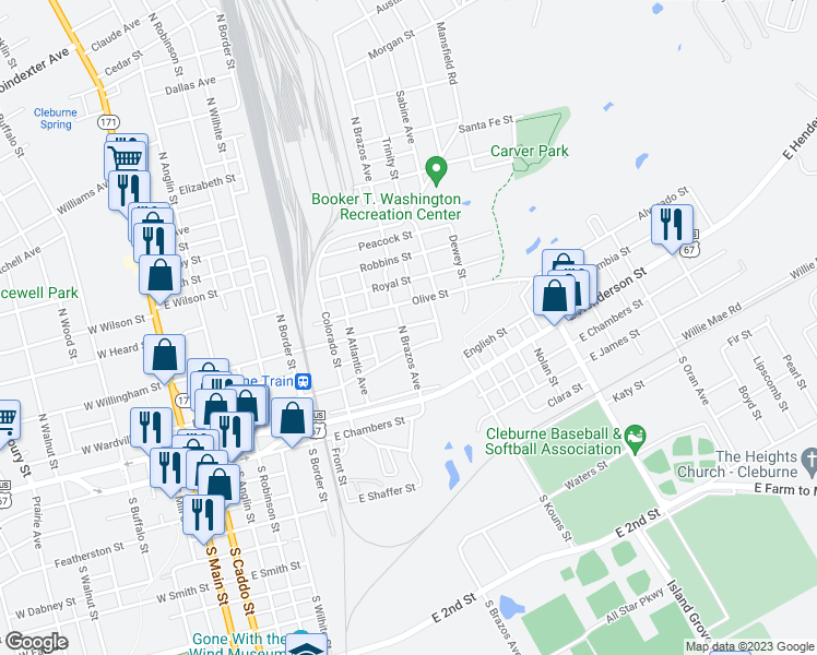 map of restaurants, bars, coffee shops, grocery stores, and more near 320 North Brazos Avenue in Cleburne