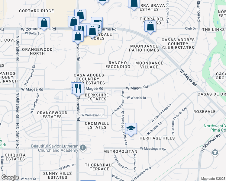 map of restaurants, bars, coffee shops, grocery stores, and more near 3535 West Magee Road in Tucson