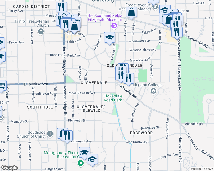 map of restaurants, bars, coffee shops, grocery stores, and more near 921 East Fairview Avenue in Montgomery