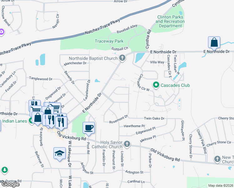 map of restaurants, bars, coffee shops, grocery stores, and more near 106A Briarmeade Drive in Clinton