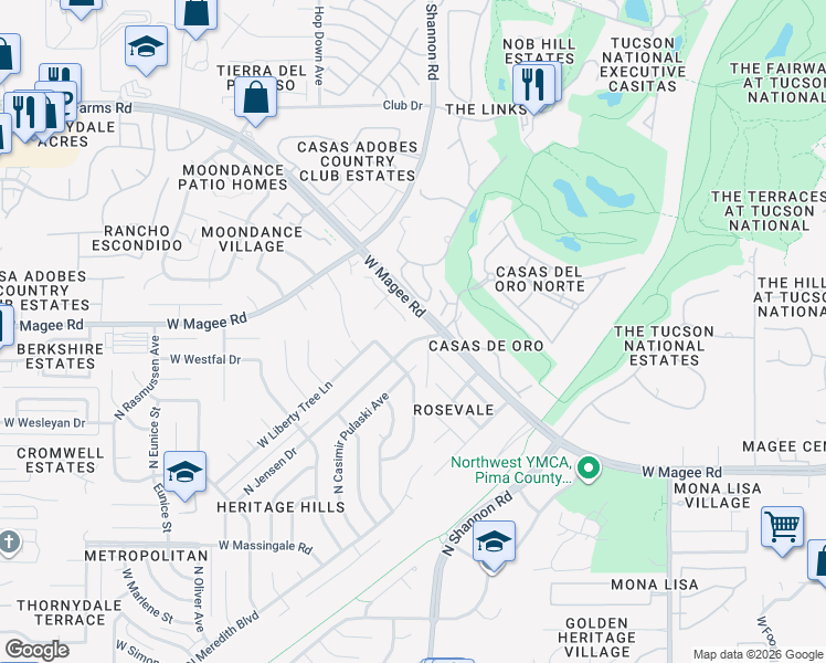map of restaurants, bars, coffee shops, grocery stores, and more near 7981 North Jensen Drive in Tucson