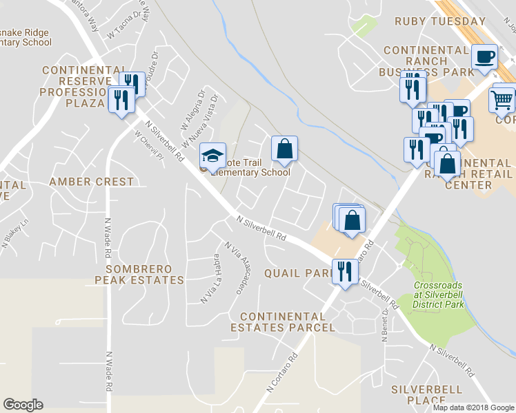 map of restaurants, bars, coffee shops, grocery stores, and more near 7980 North Siskiyou Drive in Tucson