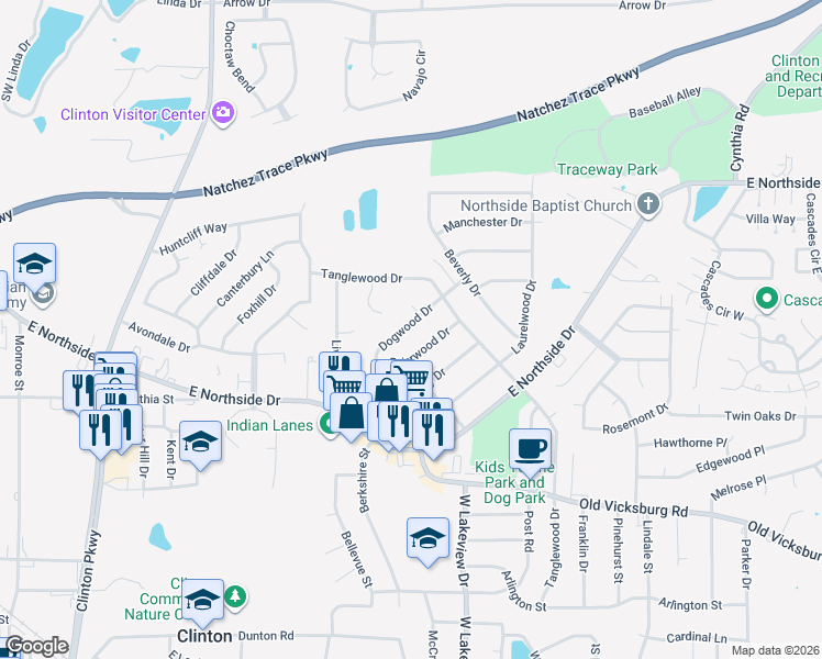 map of restaurants, bars, coffee shops, grocery stores, and more near 1005 Dogwood Drive in Clinton