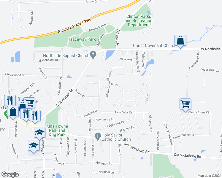 map of restaurants, bars, coffee shops, grocery stores, and more near 25 Shore Drive in Clinton