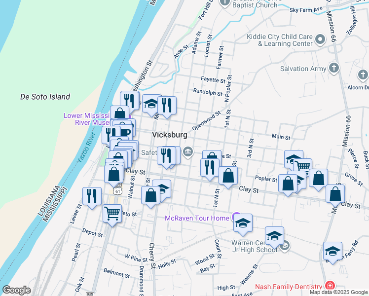 map of restaurants, bars, coffee shops, grocery stores, and more near 1115 Grove Street in Vicksburg