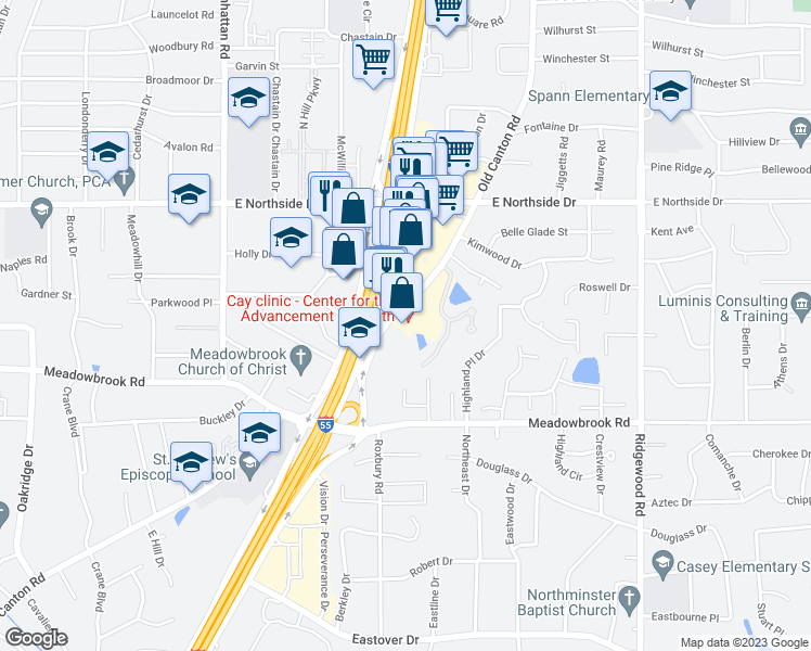 map of restaurants, bars, coffee shops, grocery stores, and more near 4400 Old Canton Road in Jackson
